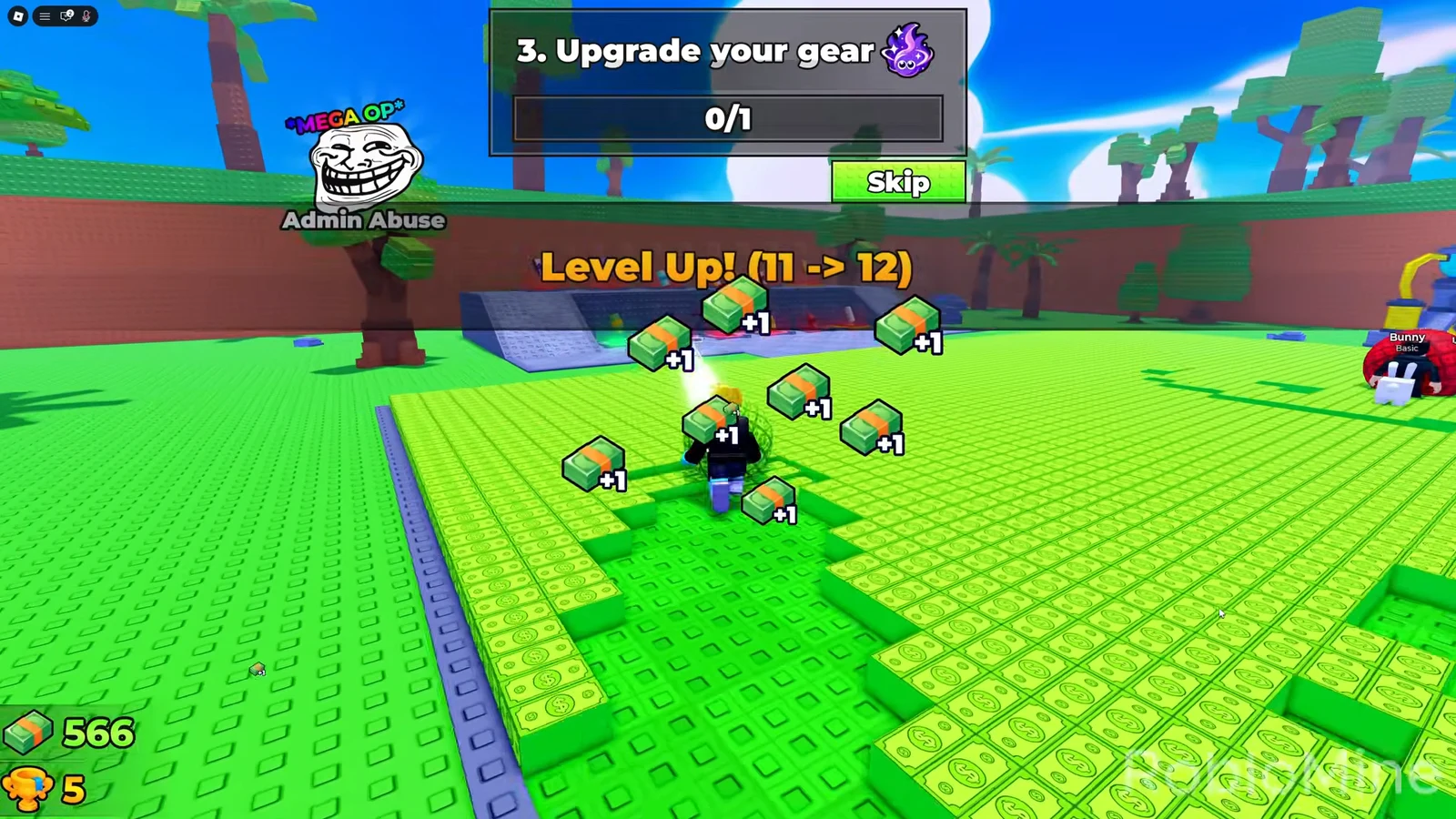 Quest overlay showing the Upgrade your gear objective at 0/1 while the player levels from 11 to 12
