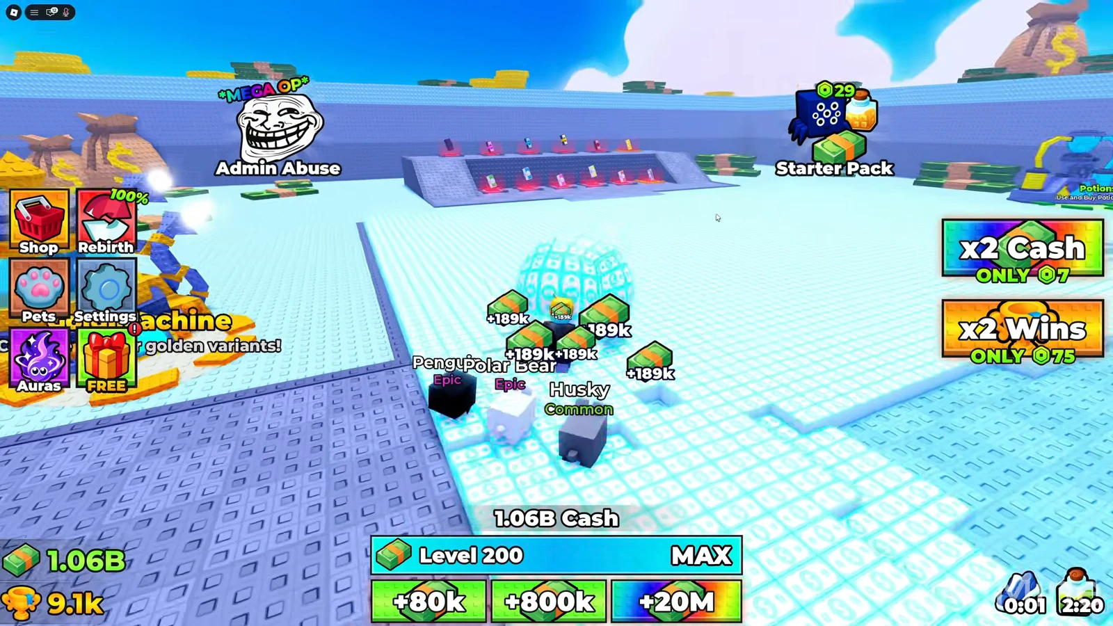 Pets vacuuming up cash with repeated +189k reward pop-ups and a Level 200 MAX progress bar