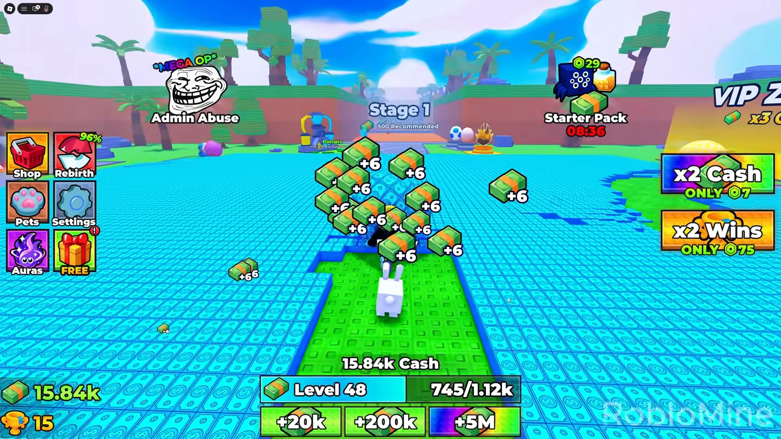 Avatar picking up floating cash bundles at Stage 1 with +6 pop-ups and a rising cash meter