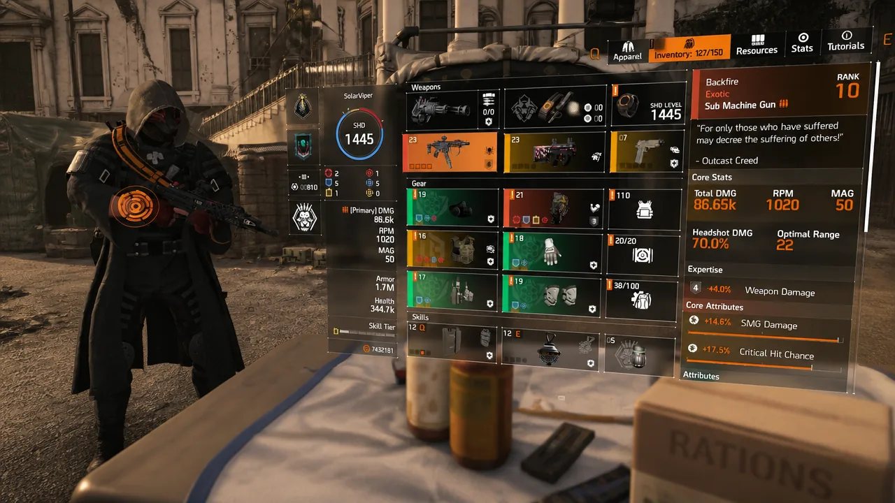 Inventory view of the Backfire Exotic SMG with its stats and attributes listed