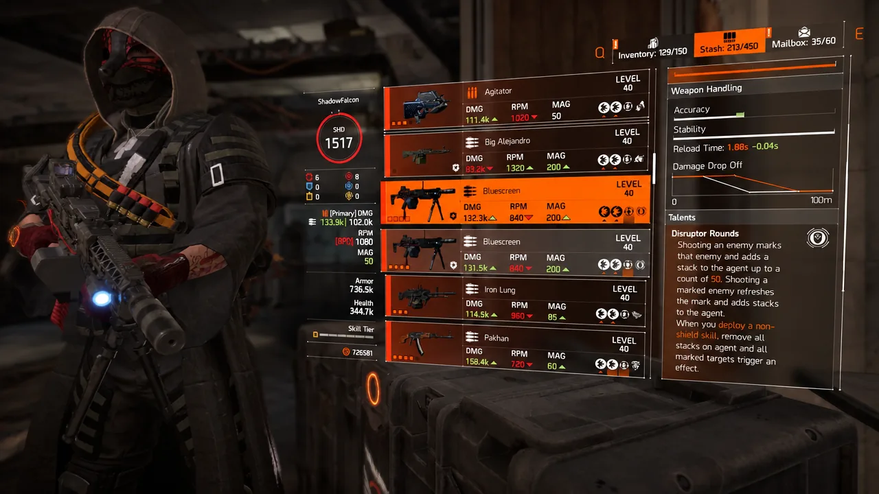 Bluescreen LMG selected in the inventory with its Disruptor Rounds talent text visible