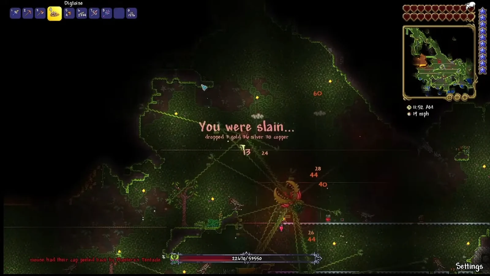 Terraria death screen reading You were slain after a Plantera fight