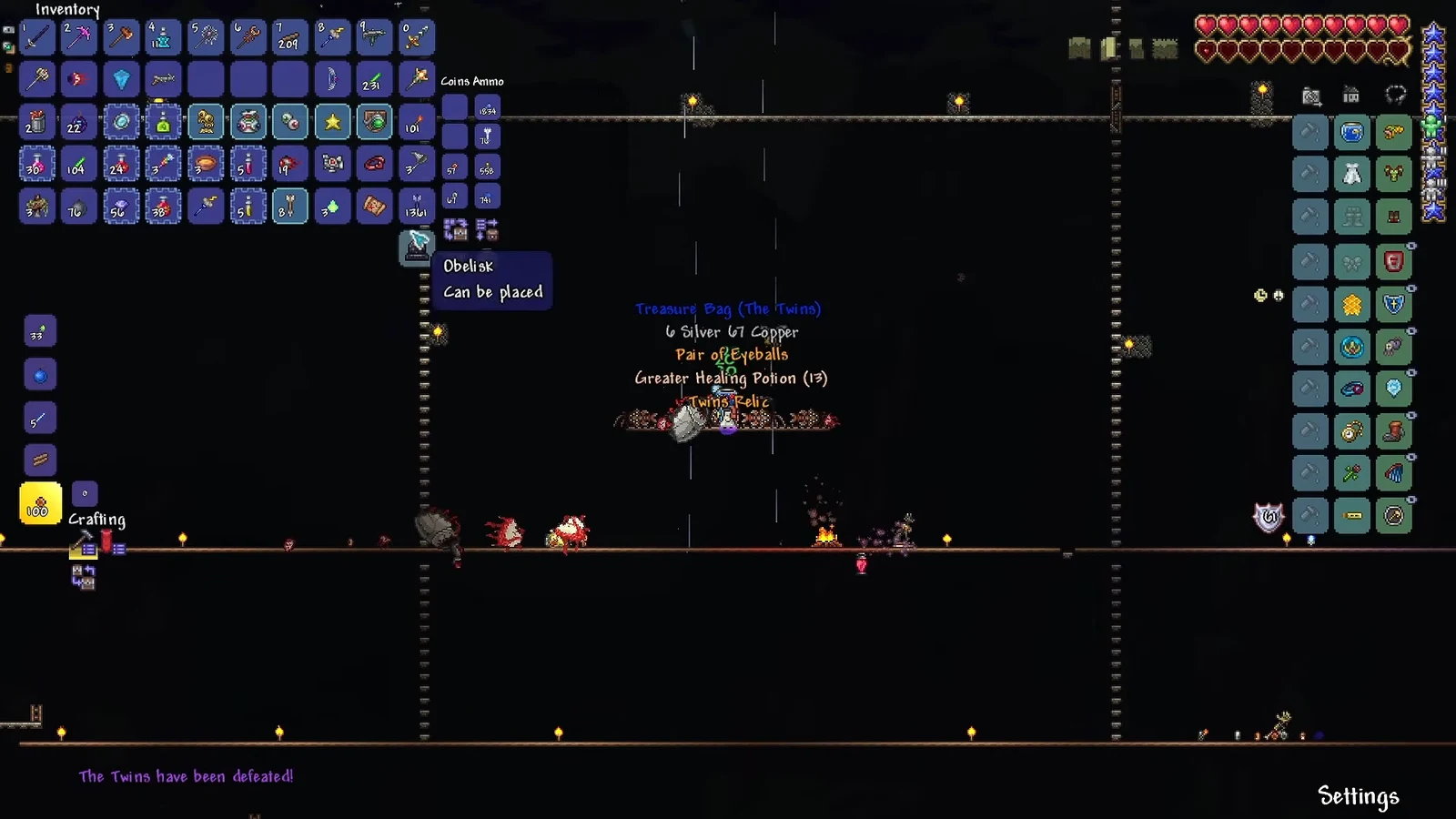 Inventory open with an Obelisk highlighted and marked Can be placed