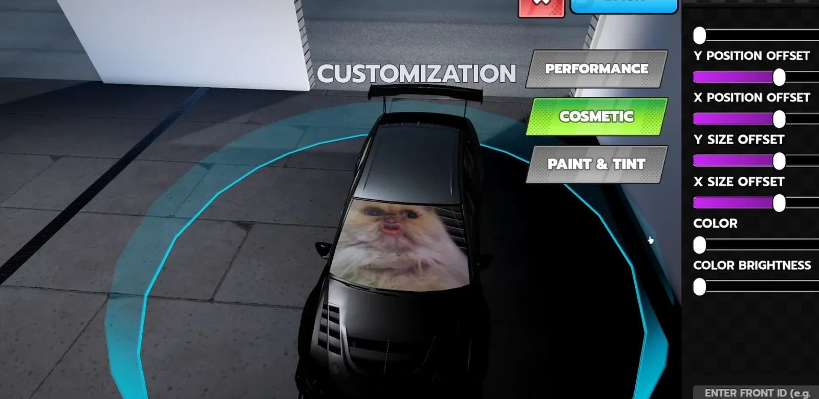 Ghost Driver Cosmetic customization screen with decal sliders and the Enter Front ID field