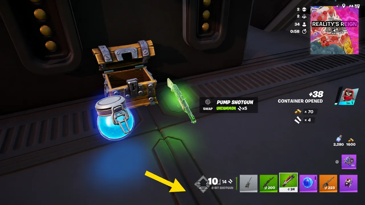 The CONTAINER OPENED screen showing a shotgun with a prompt to swap or equip