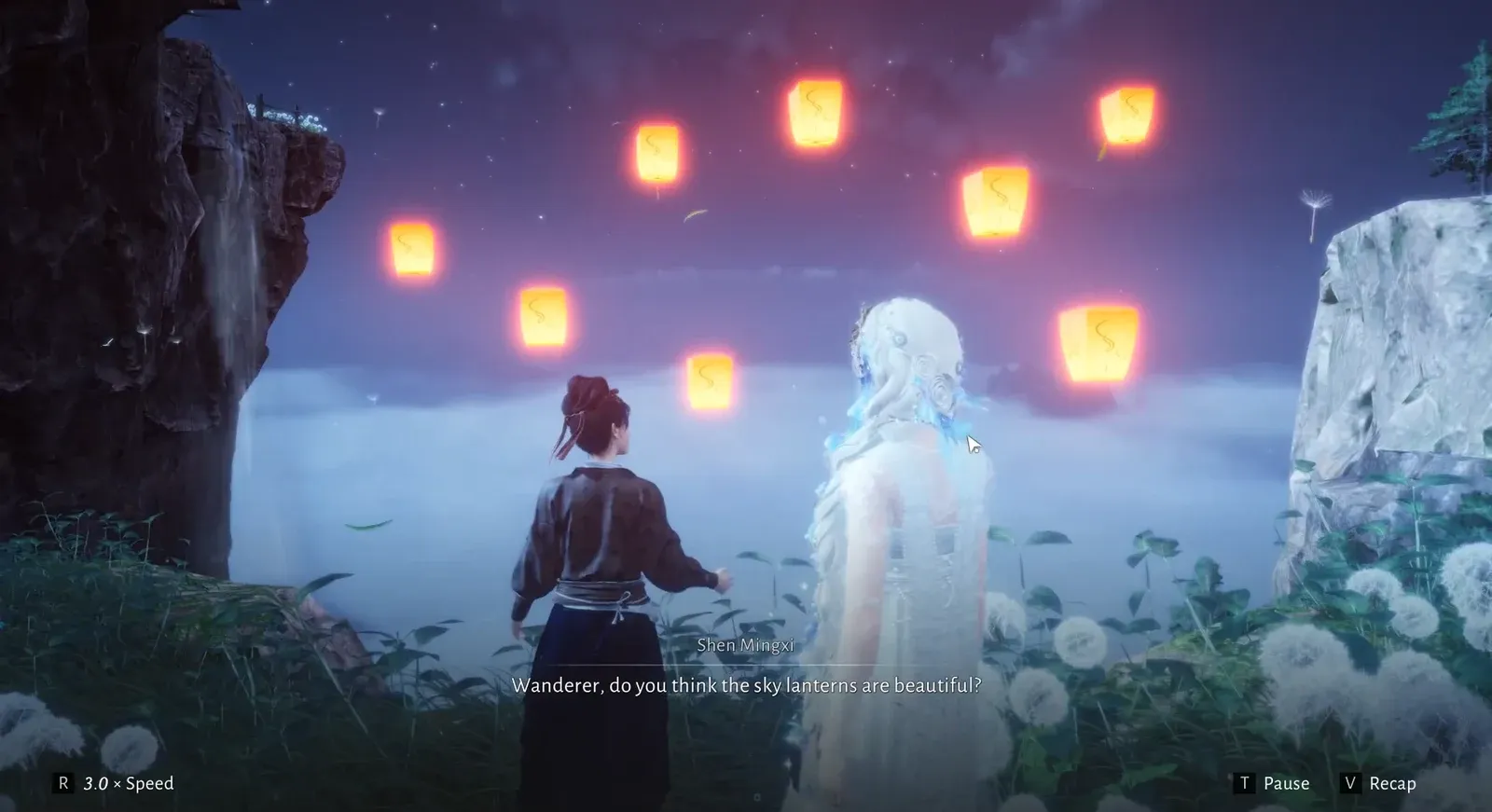 Shen Mingxi asking whether the sky lanterns are beautiful during the final cutscene