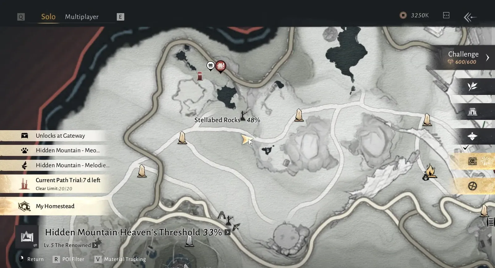 Solo world map open on Hidden Mountain Heaven's Threshold at 33 percent progress