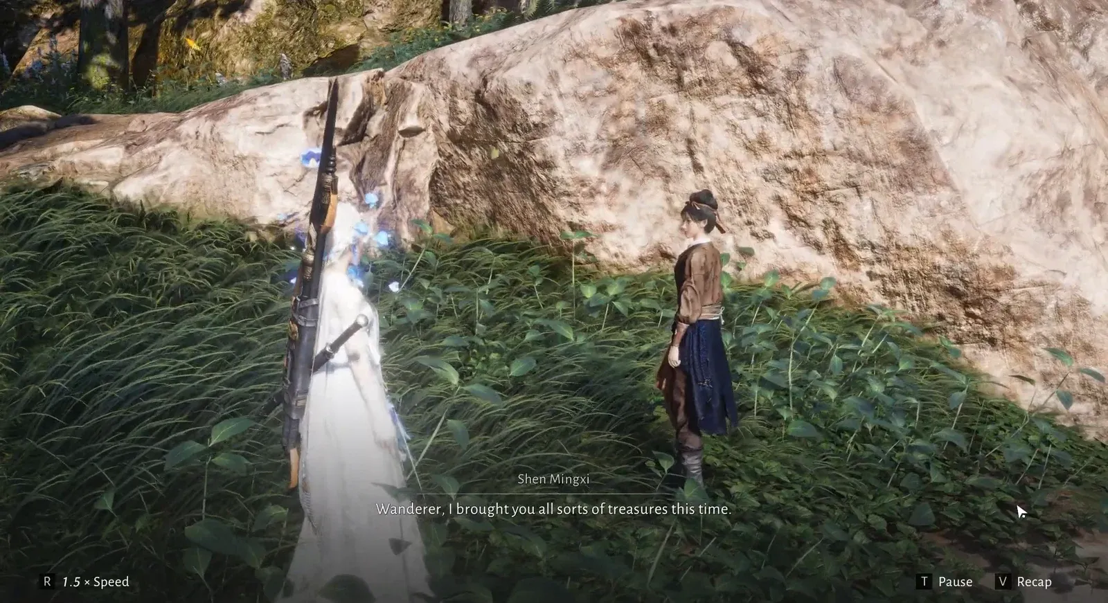 Shen Mingxi speaking to the Wanderer with 1.5x speed, pause, and recap controls visible