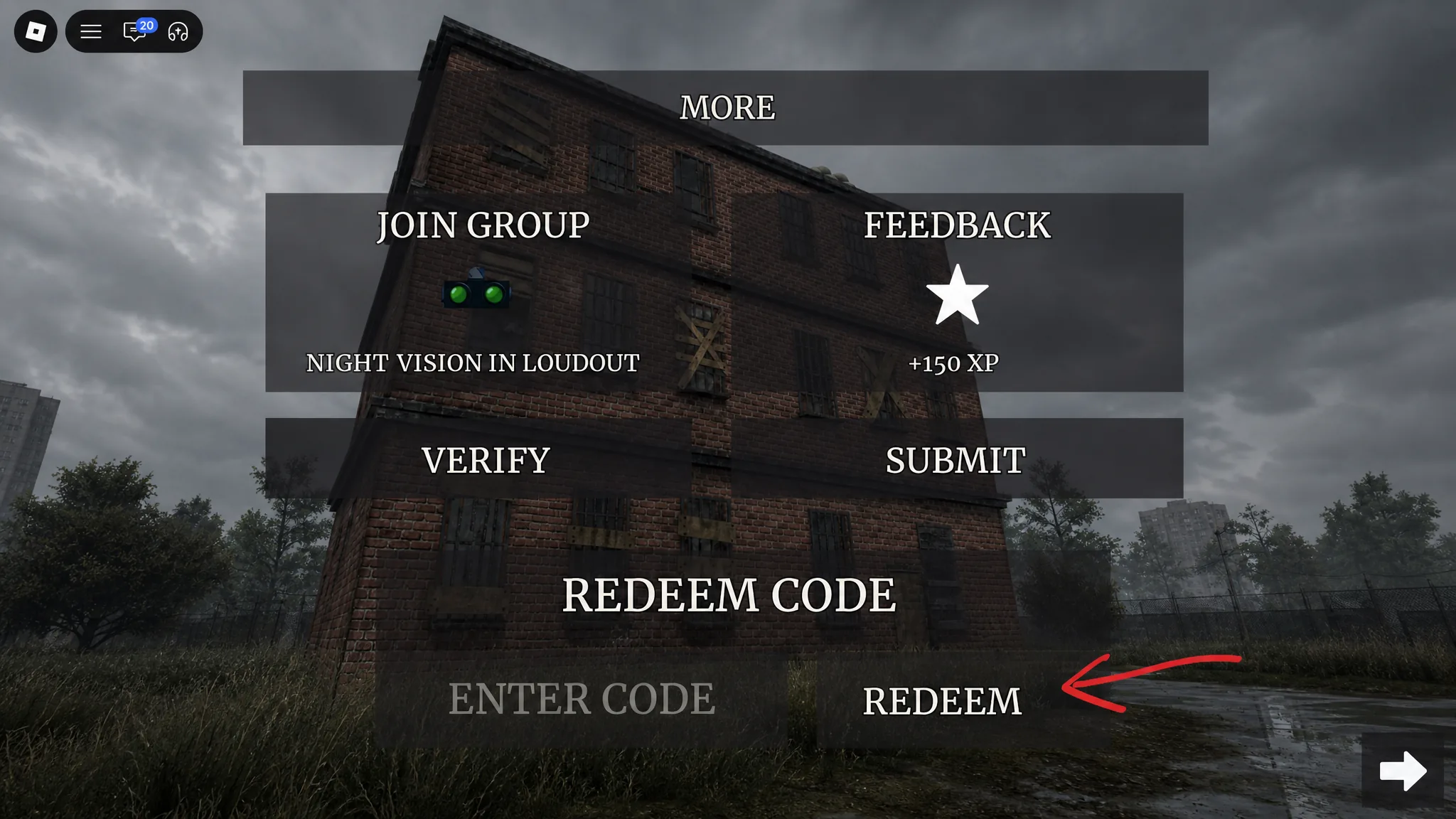 A screenshot of A Quiet Place in Roblox showing the game's codes field
