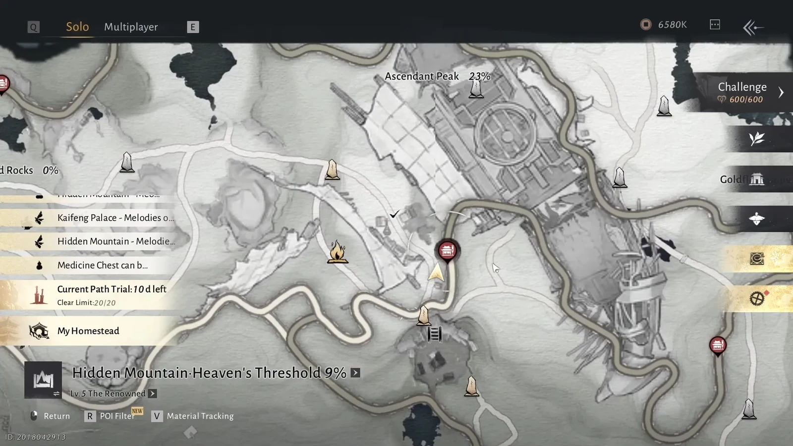 World map open on Hidden Mountain with 9 percent exploration progress
