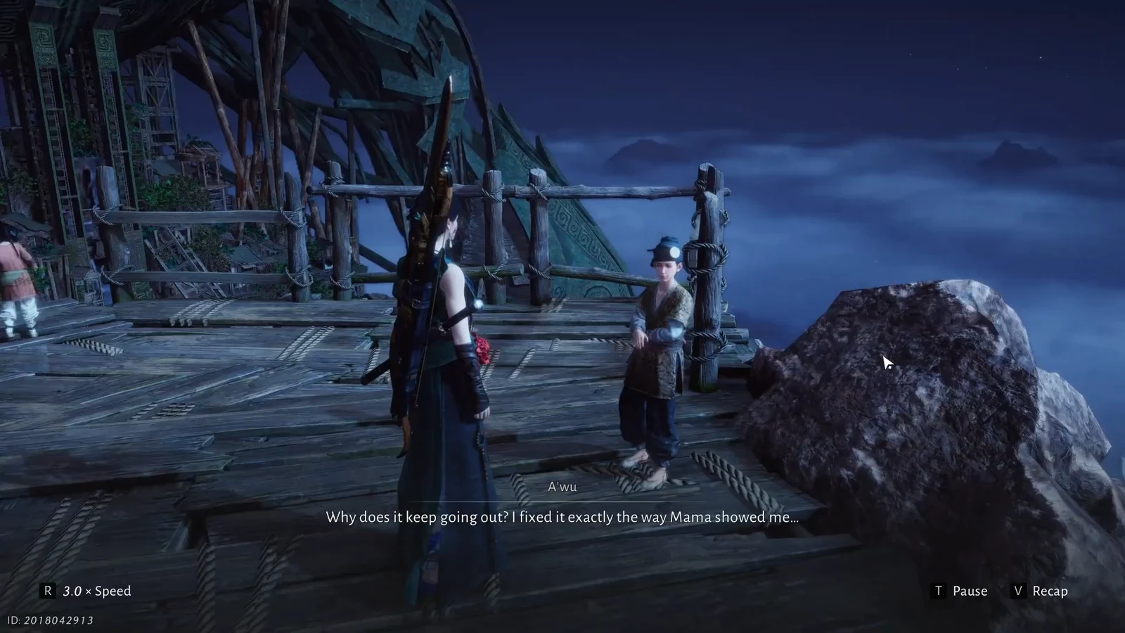Player character in dialogue with A Wu on a wooden platform