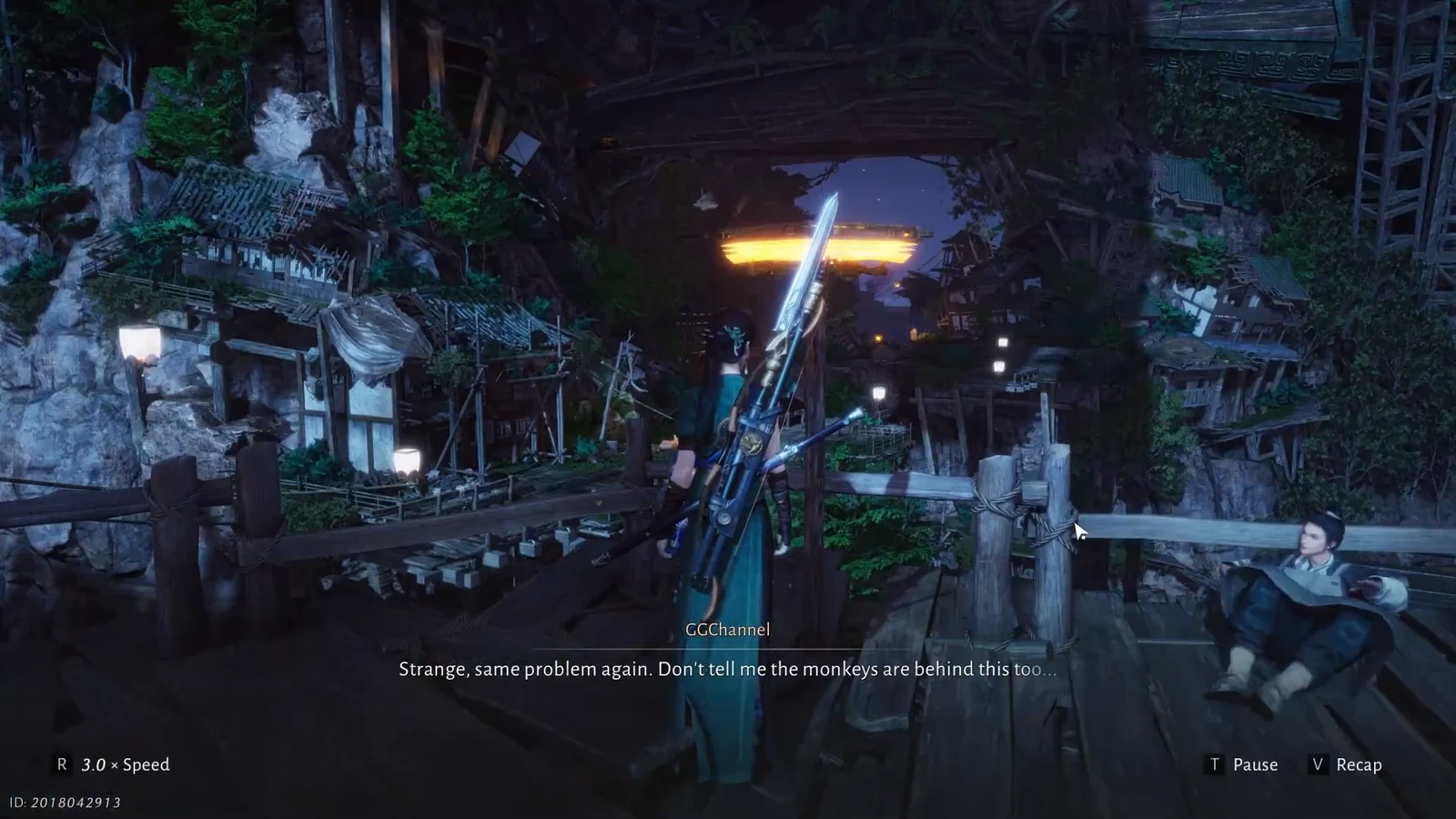 Village cutscene with dialogue subtitles and playback speed controls