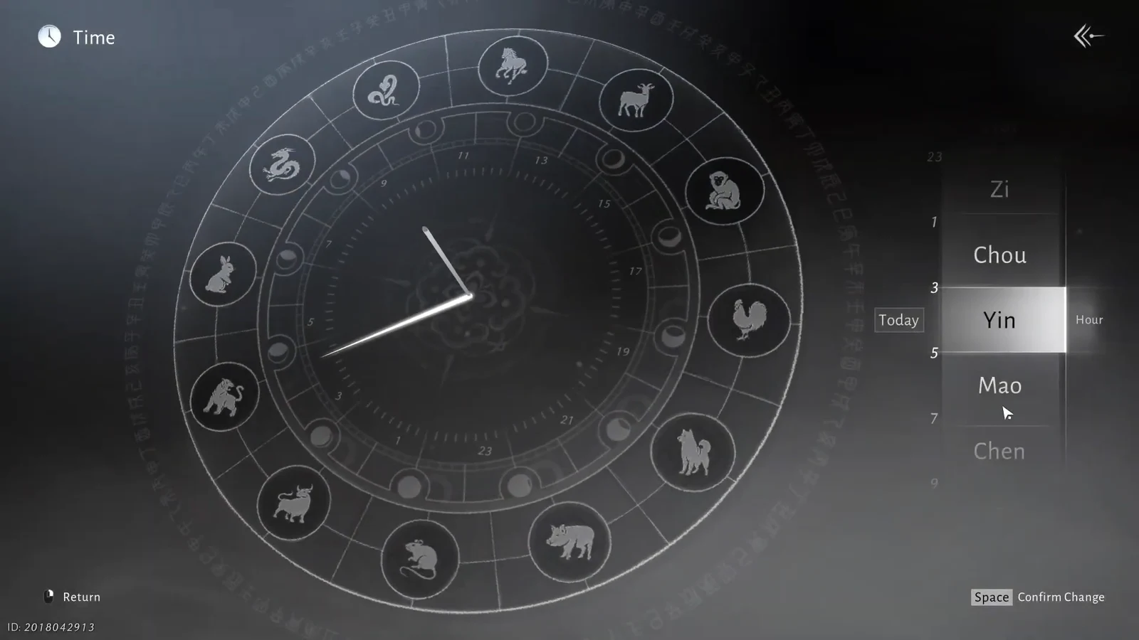 Time menu with the Yin hour highlighted and Space to confirm