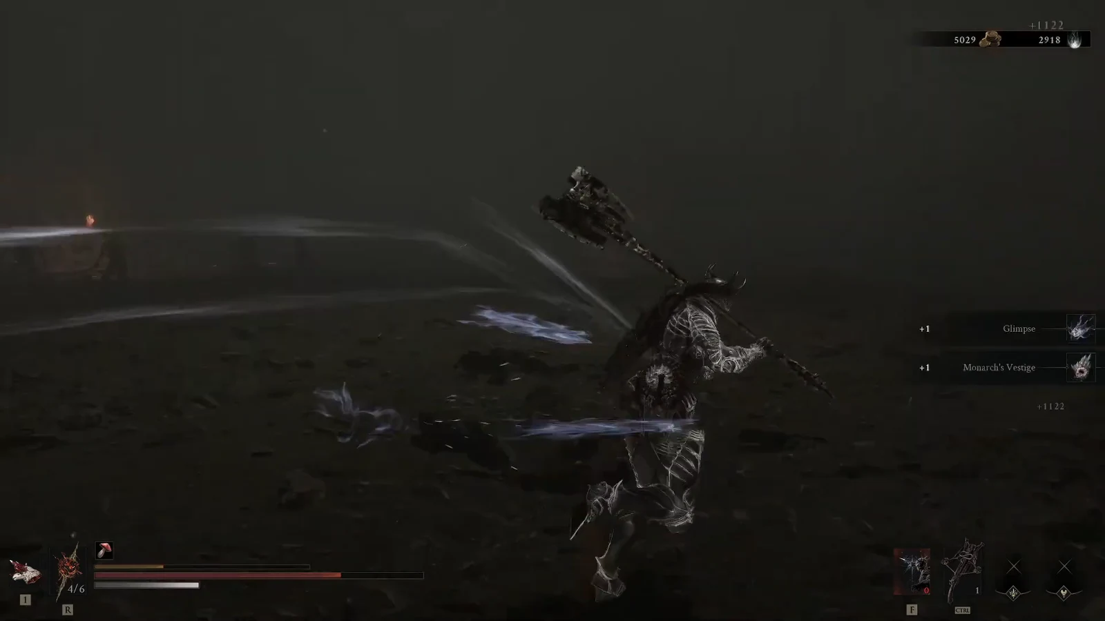 Player mid-attack in the boss arena as Glimpse and Monarch's Vestige pickups appear