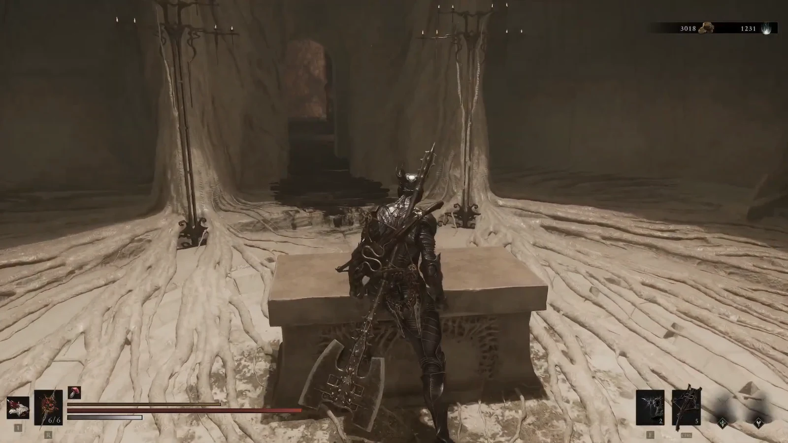 Armored character at a stone altar in a root-filled beacon corridor before the Kingdom of Fools