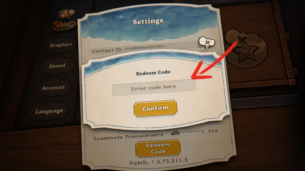 An arrow pointing at the menu used to redeem codes in Acecraft