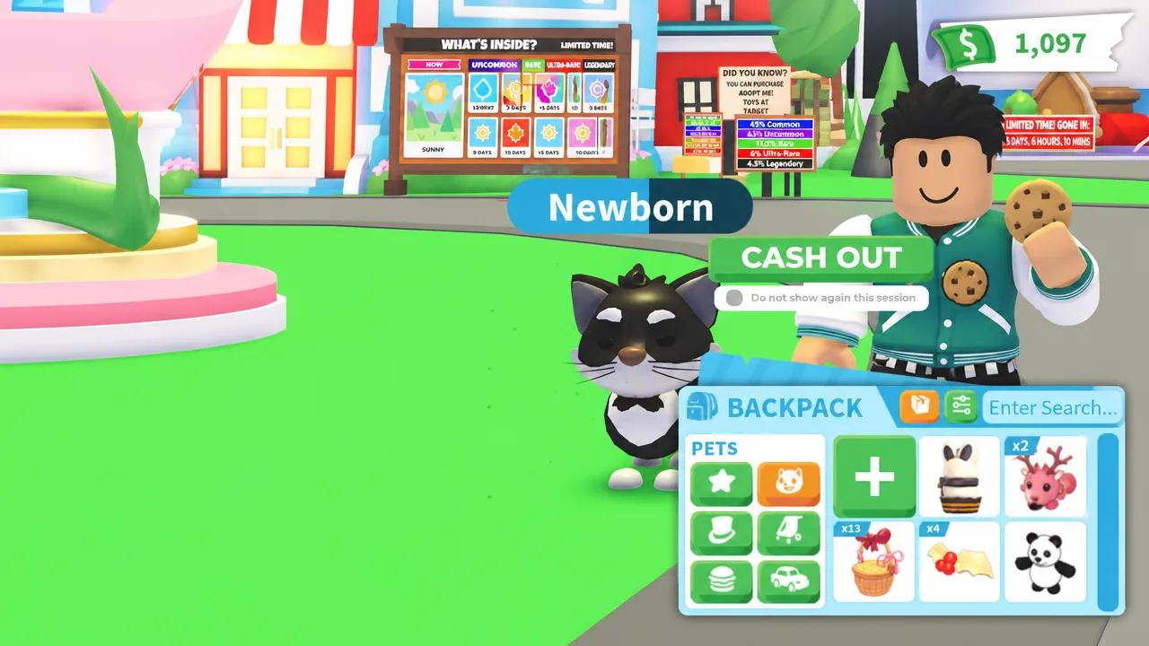 Backpack menu open on the Pets tab with the green Cash Out button visible