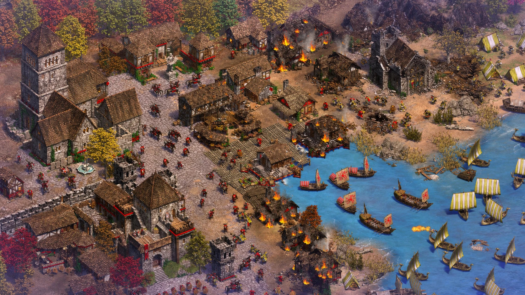 Age of Empires 2: DE - The Viking Sagas gameplay, with ships landing at a coastal town