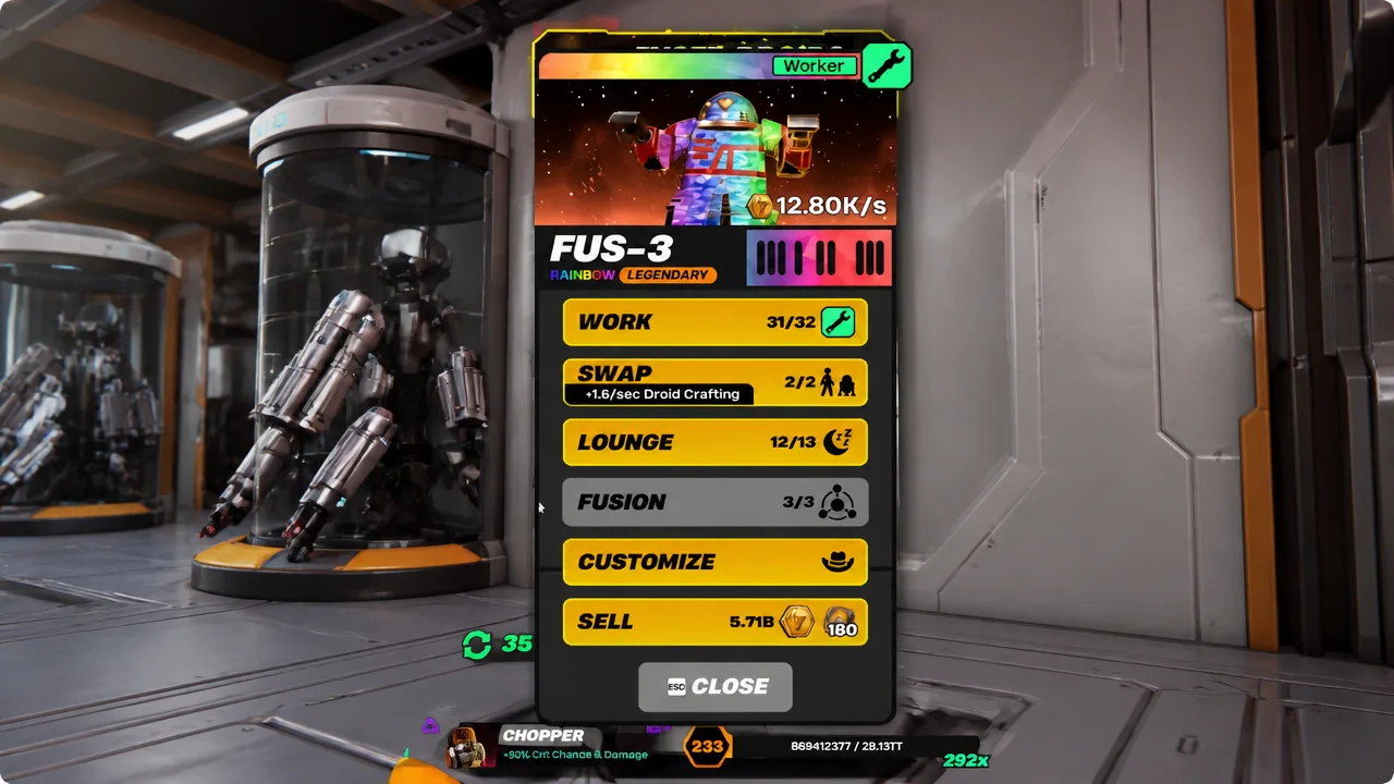 Droid menu in Droid Tycoon with the Work button selected and current work progress displayed