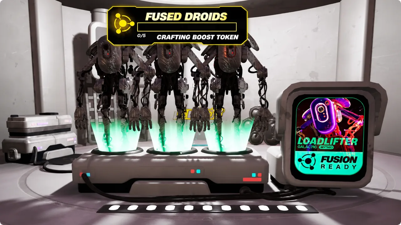 Fused Droids objective banner showing Crafting Boost Token progress while three droids sit in the fusion tank