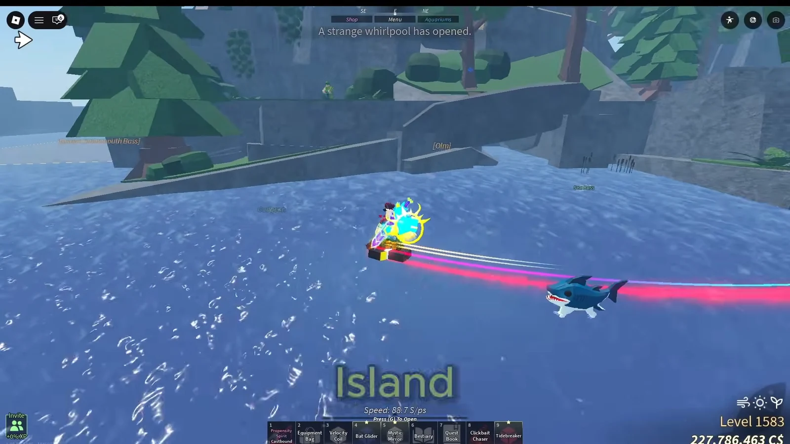 Boat travel across island water with a shark and a whirlpool notification