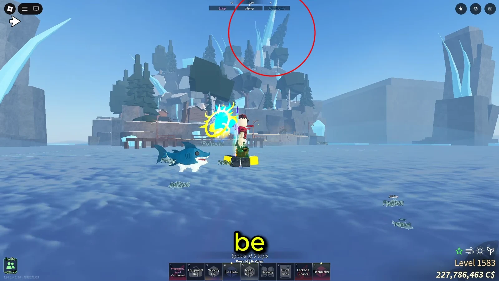 Character in icy water with an elevated ice formation highlighted behind the dock