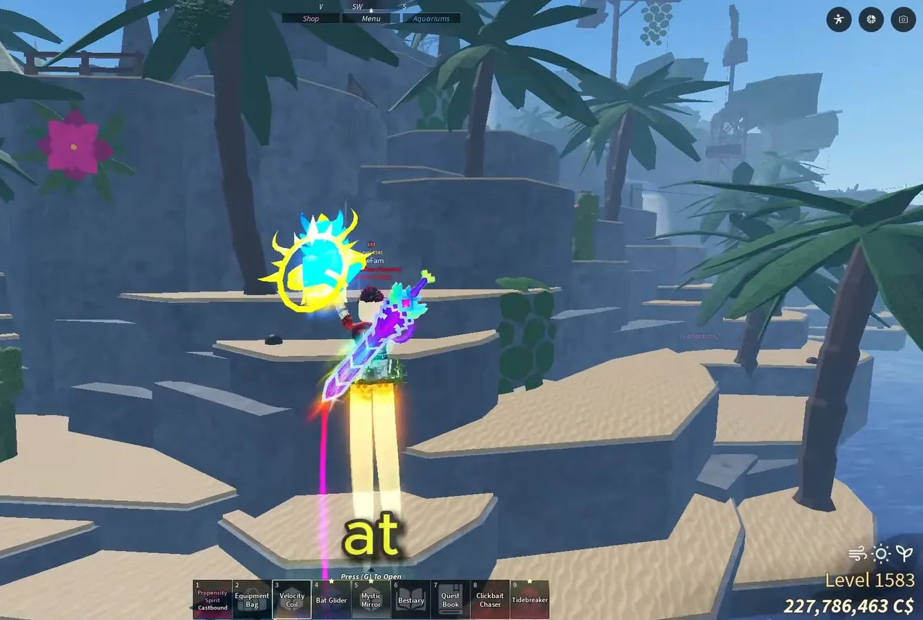 Player gliding over a tropical island with the Bat Glider selected