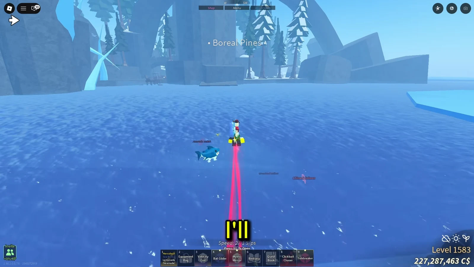 Player on a Bat Glider crossing open water toward Boreal Pines