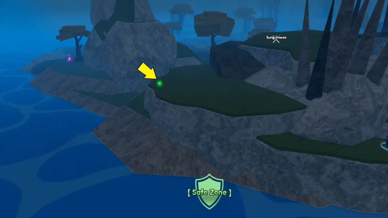 Yellow arrow pointing to a green item on a rocky island as the player approaches