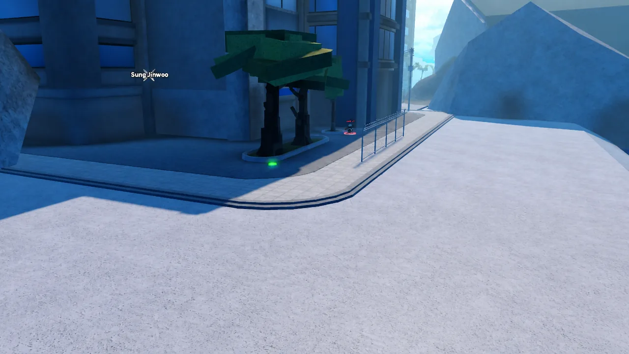Player moving along a futuristic city street toward a green marker beside a tree planter