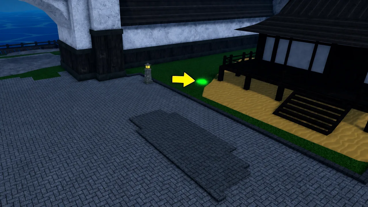 Green Reiatsu marker beside a wooden building highlighted by a yellow arrow