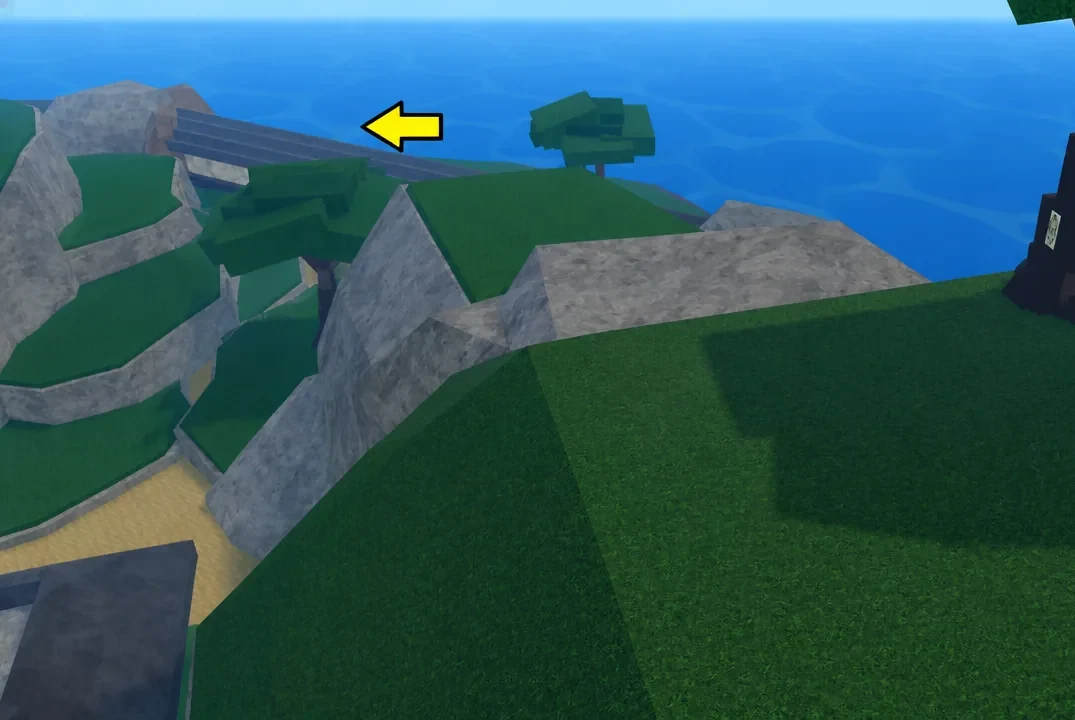 Gray bridge leading across the grassy island