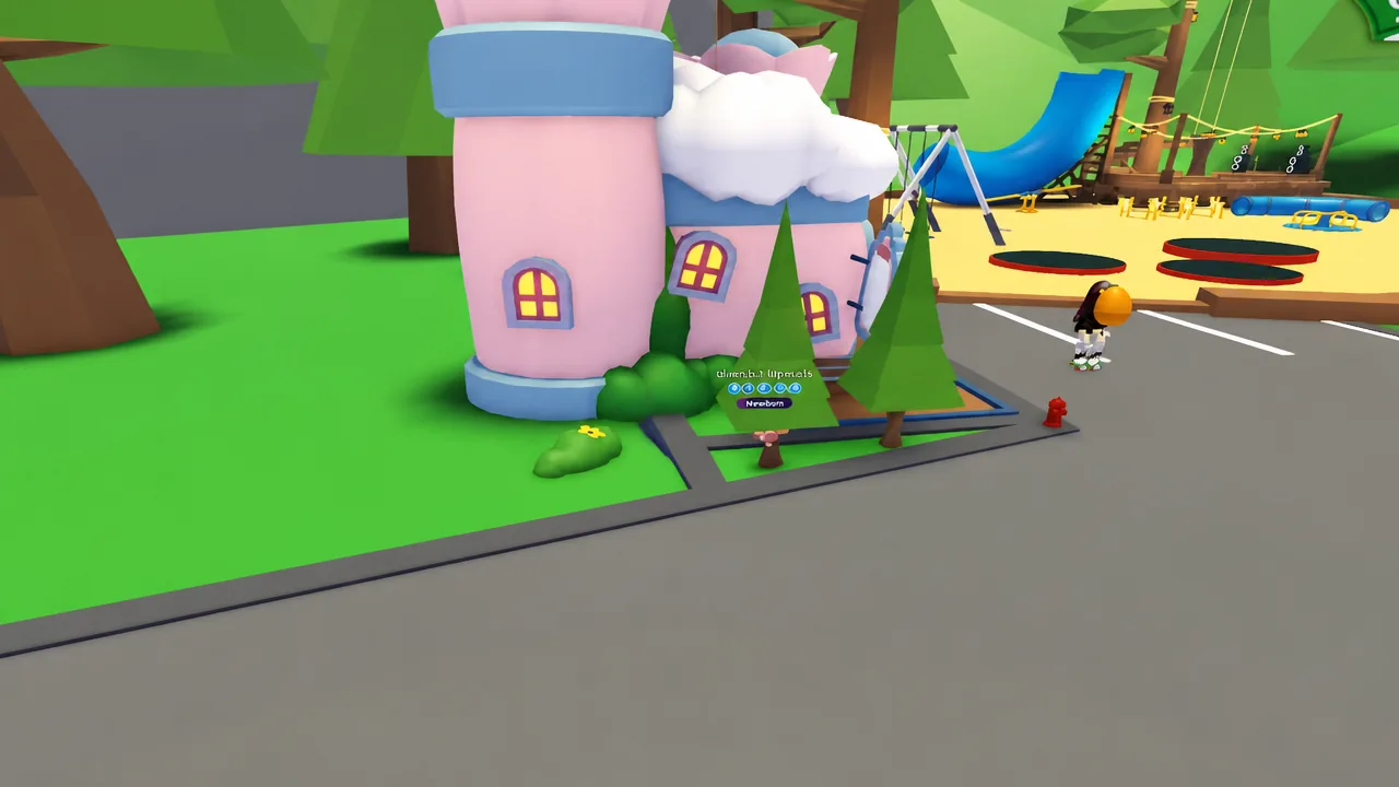 Player avatar standing beside a pink cottage and playground in Adopt Me