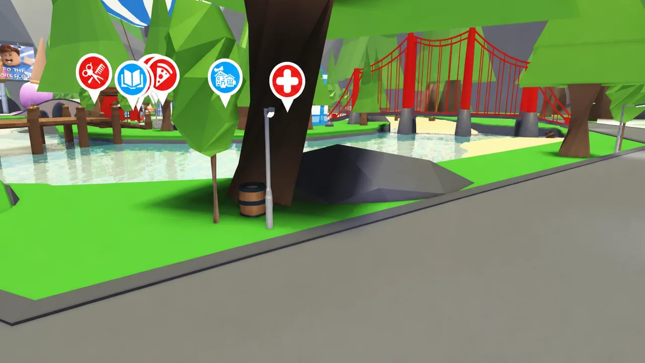Floating activity markers near the red suspension bridge in Adopt Me