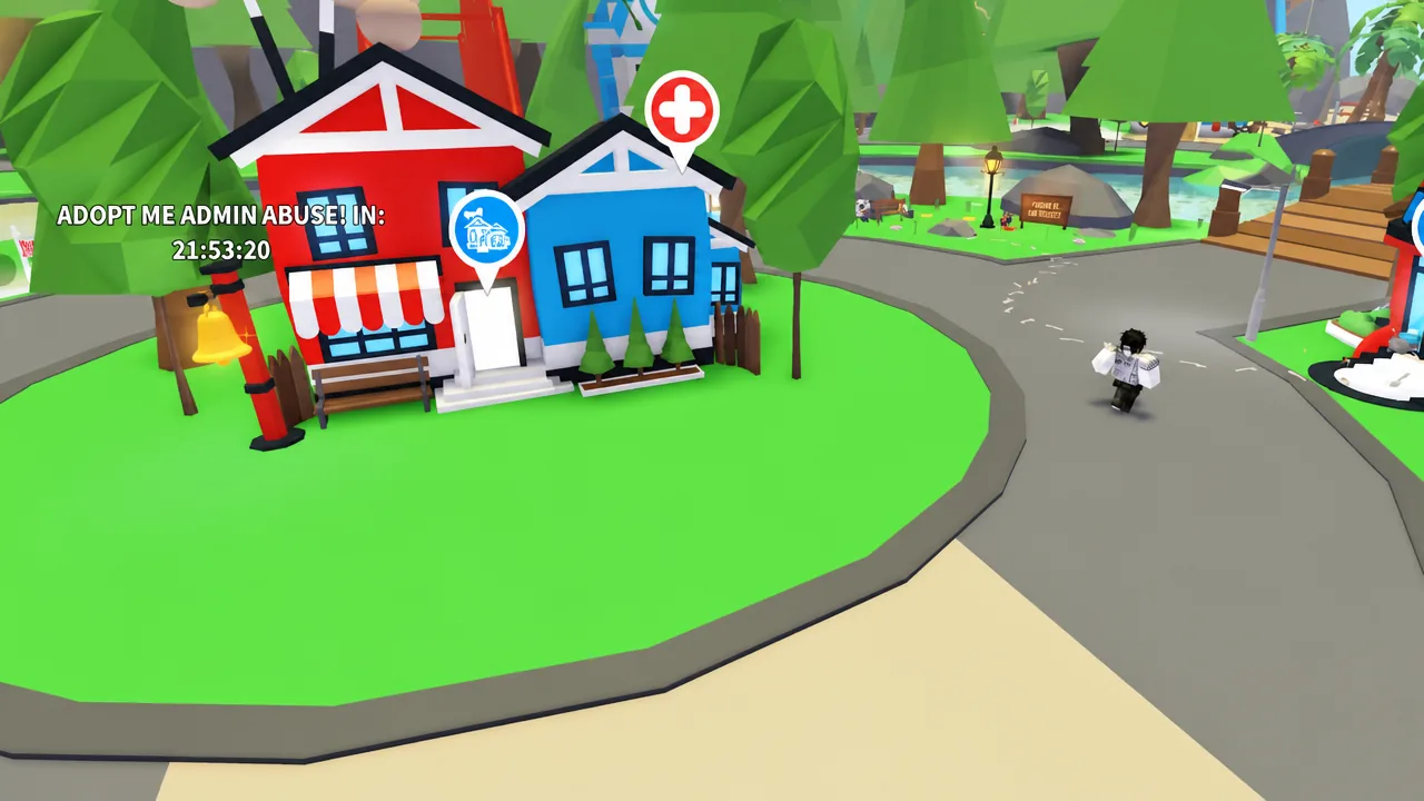 Adopt Me town view near the blue house beside the red shop