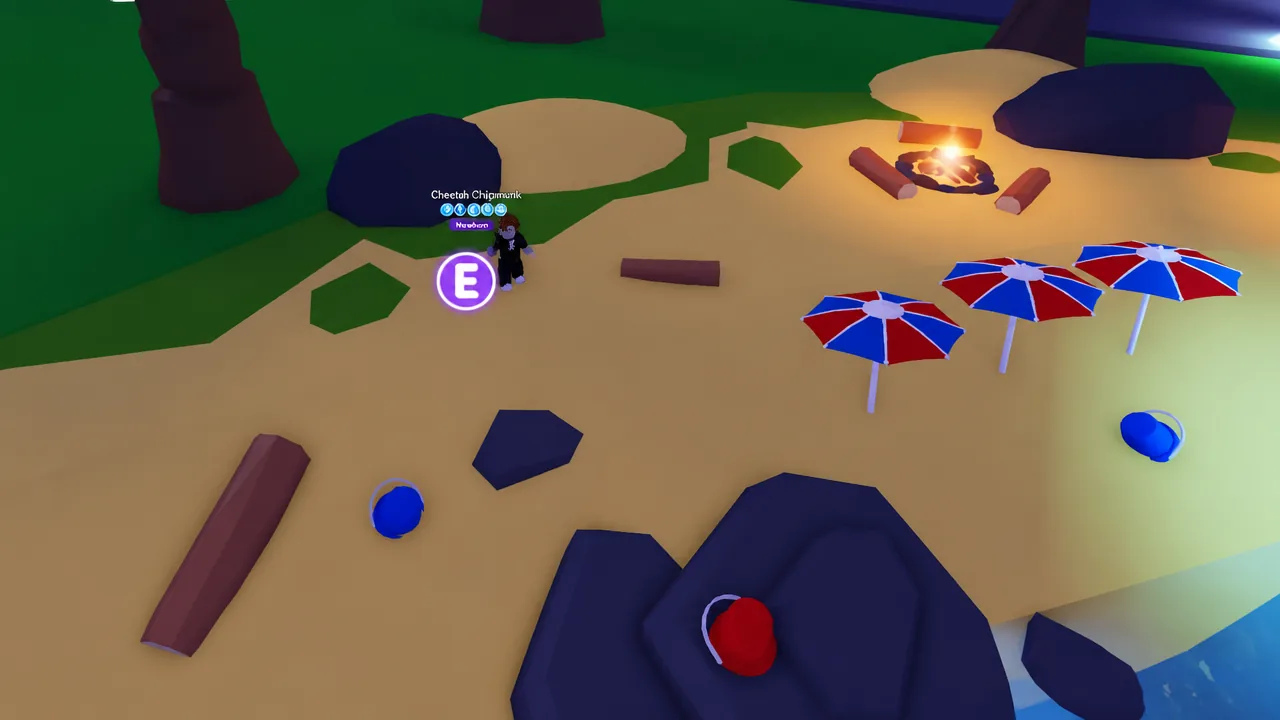 Player standing beside a labeled object with a glowing E interaction prompt in Adopt Me