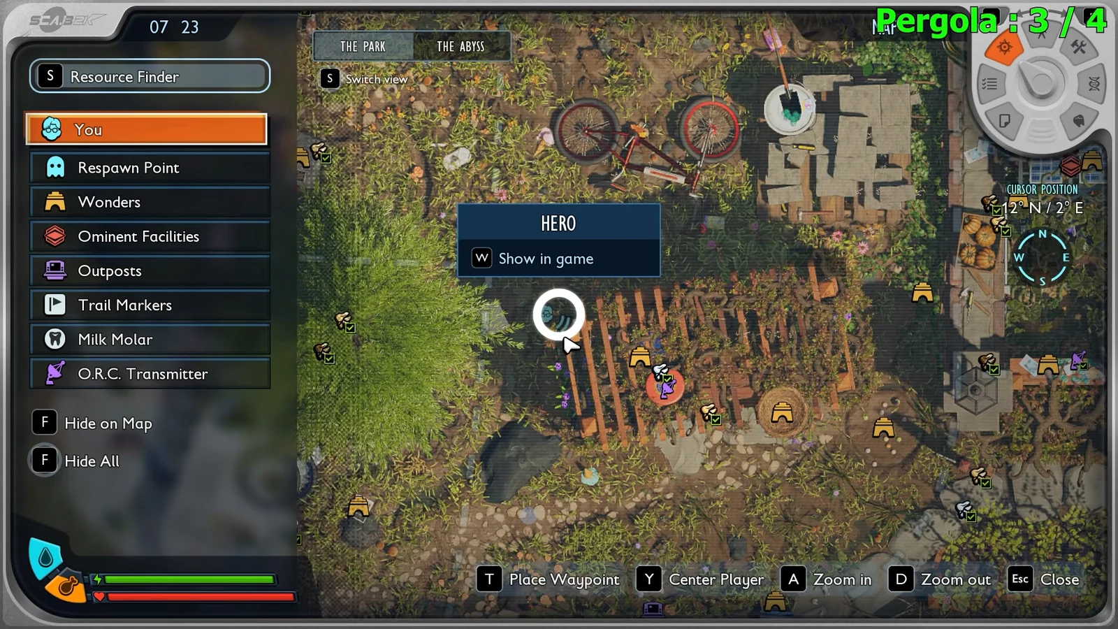 Resource Finder map with the Hero marker highlighted and the Show in game action available
