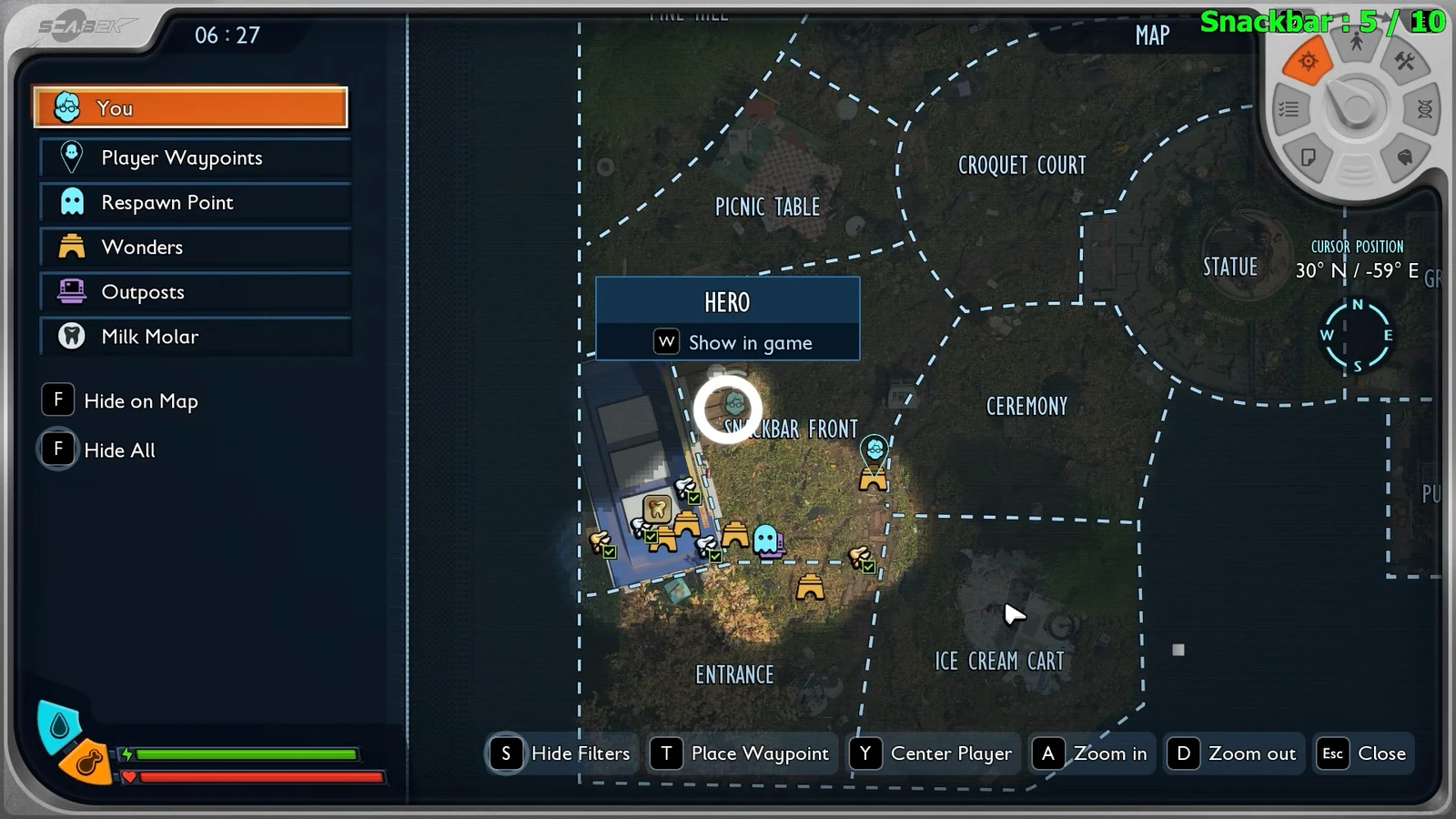 Map with the You filter and the Hero marker highlighted, showing the Show in game prompt