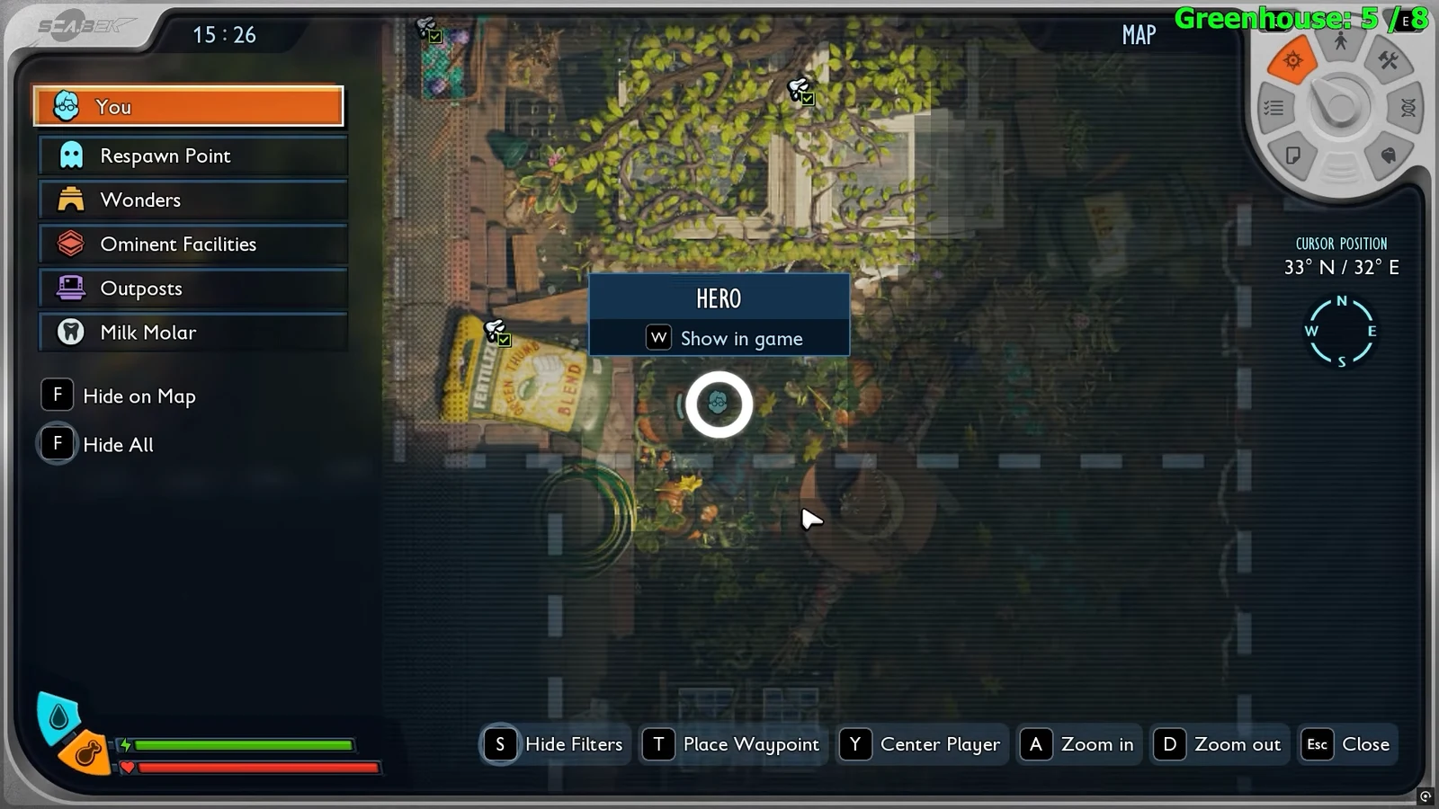 Map with the Hero marker highlighted and the Show in game prompt active for locating the player