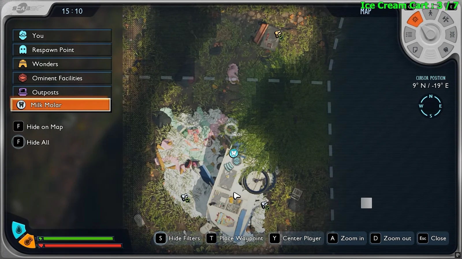 Map with the Milk Molar filter highlighted and the cursor hovering over the ice cream cart area