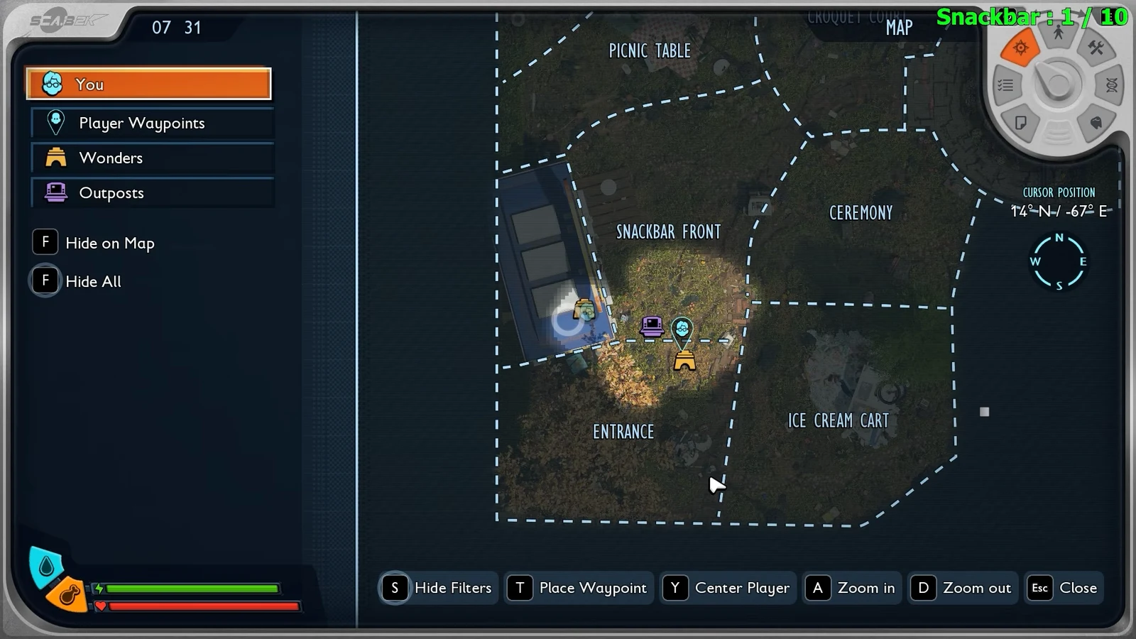 Map screen open on the You filter, showing the player marker near Snackbar Front