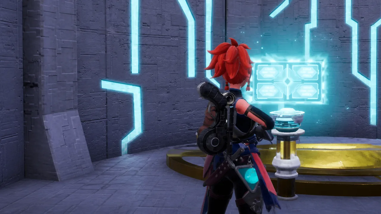 Character activating a glowing four-panel holographic Hack Terminal beside a pedestal in Palworld