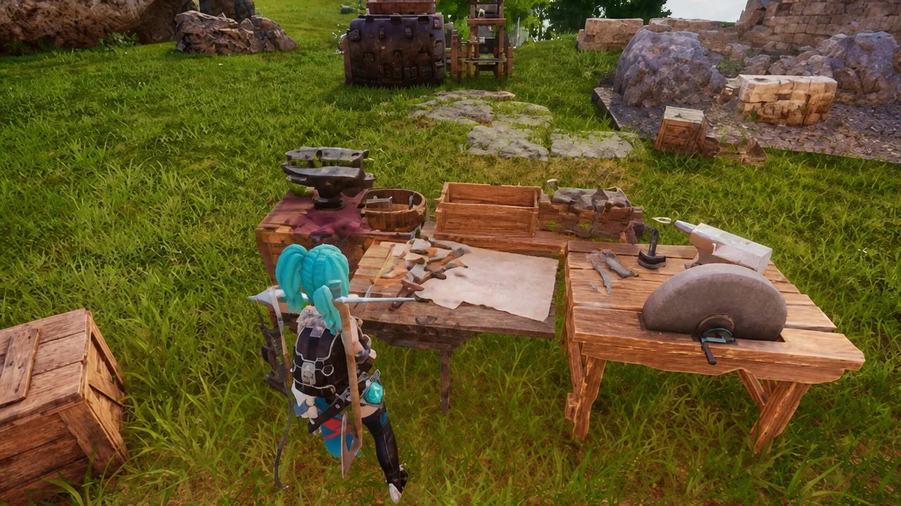 Player using a crafting workbench with anvil, grindstone, and materials in Palworld