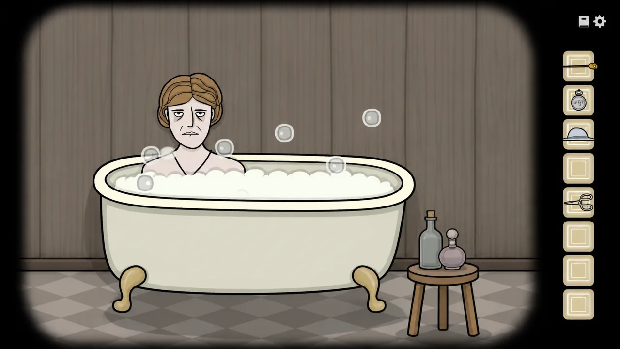Bath scene with a woman soaking in a clawfoot tub and the inventory panel open