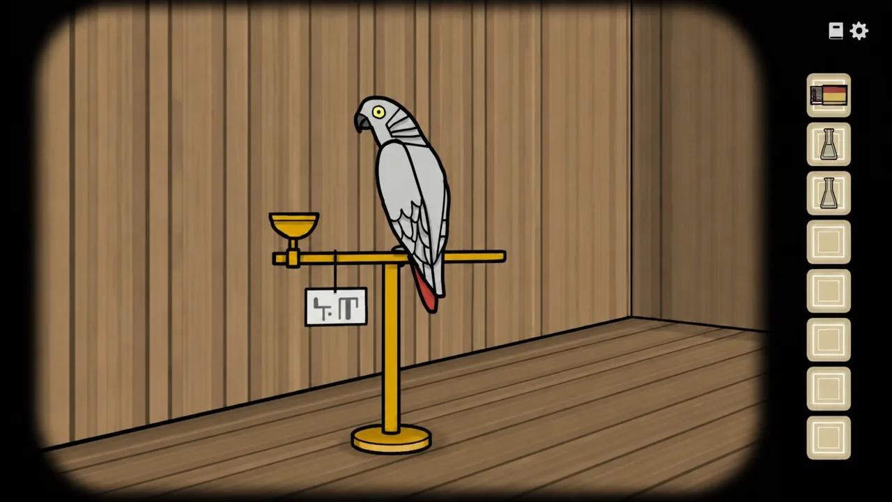 Parrot puzzle screen with the perch and a hanging symbol clue