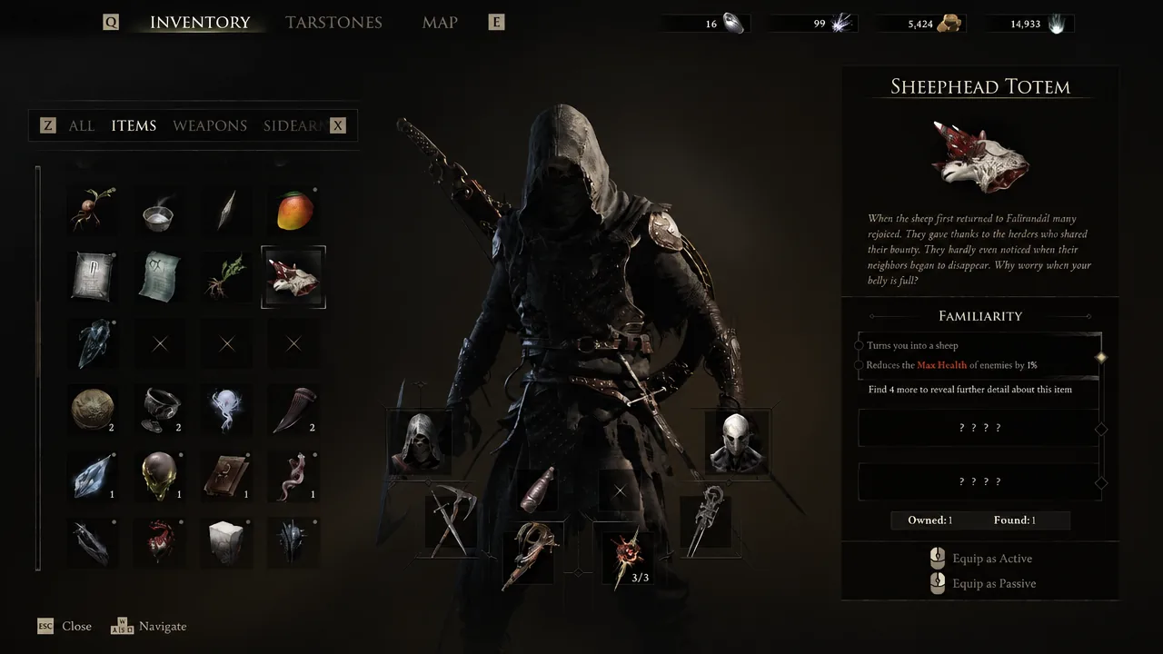 Inventory screen showing a totem's details with the option to equip it as active or passive