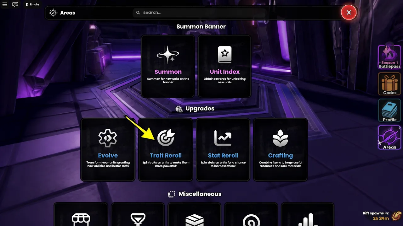Trait Reroll area in Anime Origins