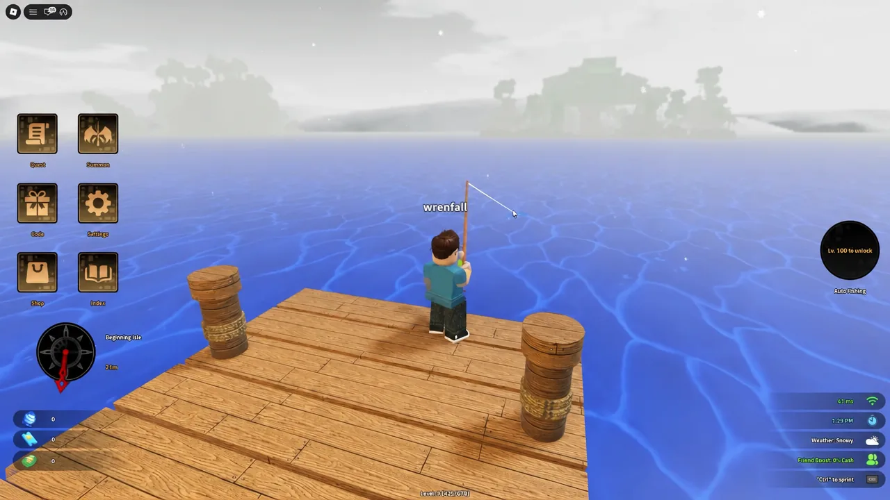 Heavyweight Fishing gameplay with the line cast and the AutoFishing button locked until level 100