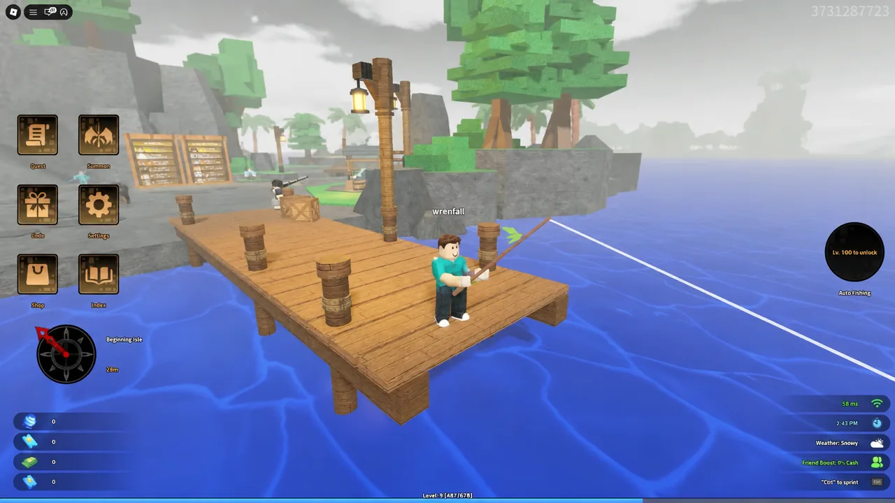 Player character fishing from a dock with the line cast into open water