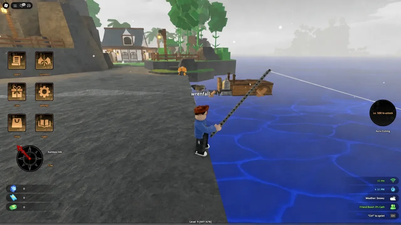 Avatar fishing from the shore with the Auto Fishing control still locked